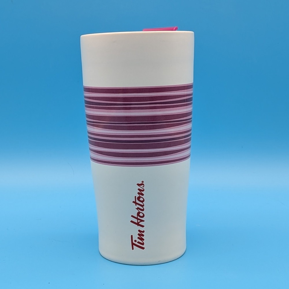 TIM HORTONS TRAVEL TUMBLER CERAMIC MUG PINK PURPLE STRIPE LIMITED EDITION 2015